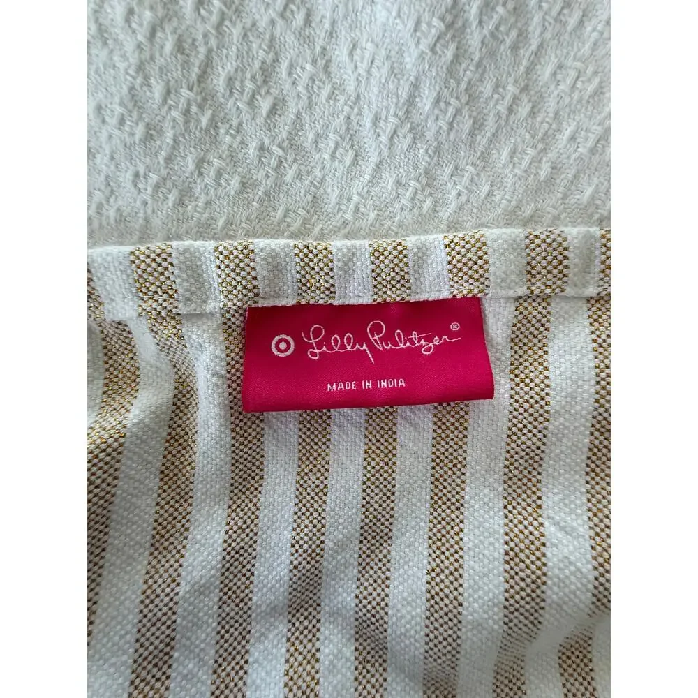 Lilly Pulitzer Gold Stripe Fringe Cotton Throw Blanket White 66x66 Square Resort